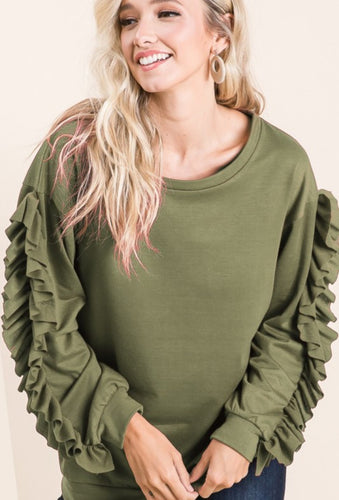 DARK GREEN TOP WITH RUFFLED SLEEVES 0215P