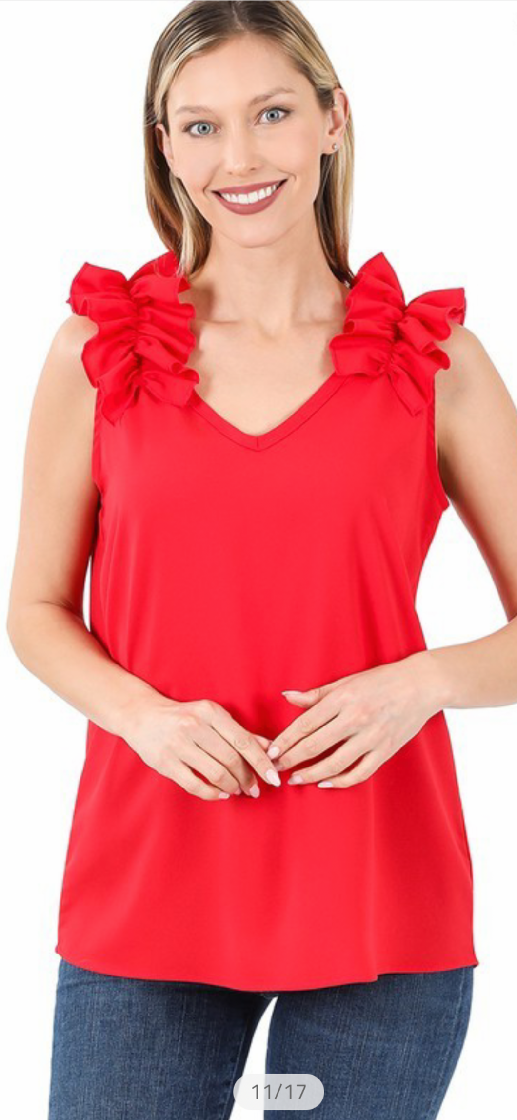 SOLID V NECK RUFFLE TRIM SLEEVELESS WOVEN TOP