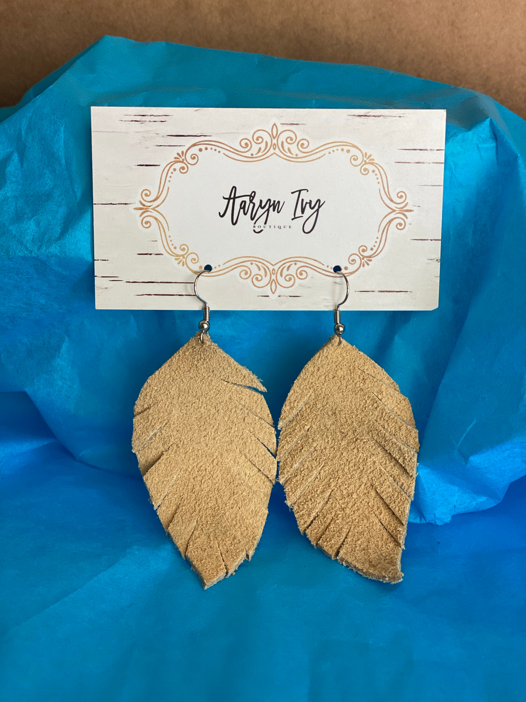LEATHER TAN FEATHER EARRINGS
