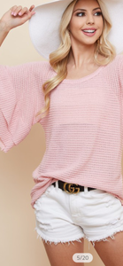 PRETTY IN PINK WAFFLE KNIT WITH DOUBLE RUFFLE SLEEVE DETAIL