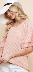 PRETTY IN PINK WAFFLE KNIT WITH DOUBLE RUFFLE SLEEVE DETAIL